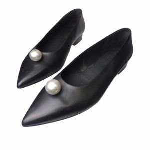E8 by Miista Black Leather Pointed Pearl Flats